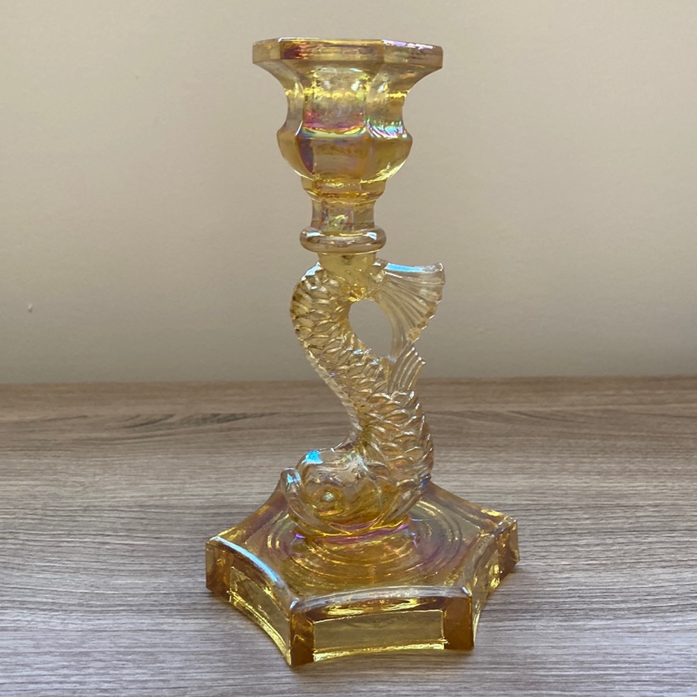 Sandwich Glass Museum dolphin candle holder repro iridescent
